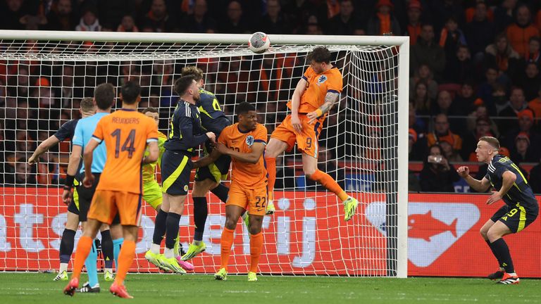 AMSTERDAM, NETHERLANDS - MARCH 22: Wout Weghorst scores to make it 3-0 Netherlands during an international friendly match between the Netherlands and Scotland at the Johan Cruyff Arena, on March 22, 2024, in Amsterdam, Netherlands. (Photo by Craig Williamson / SNS Group)