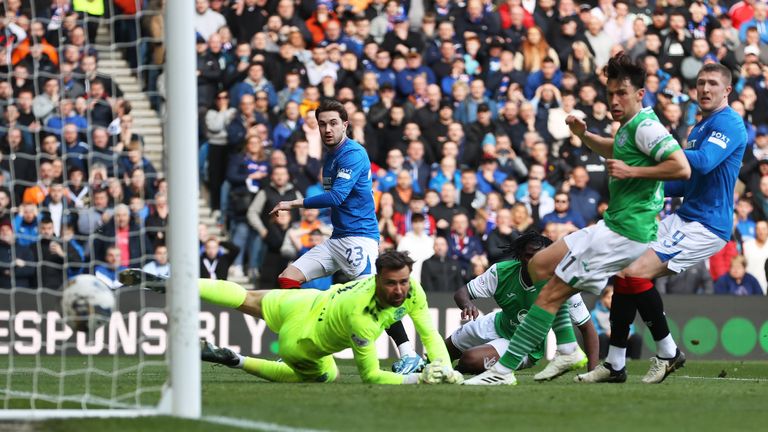 GLASGOW, SCOTLAND - MARCH 30: Rangers Scott Wright scores but the goal is ruled out for encroachment in the box during a cinch Premiership match between Rangers and Hibernian at Ibrox Stadium, on March 30, 2024, in Glasgow, Scotland.  (Photo by Craig Williamson / SNS Group)