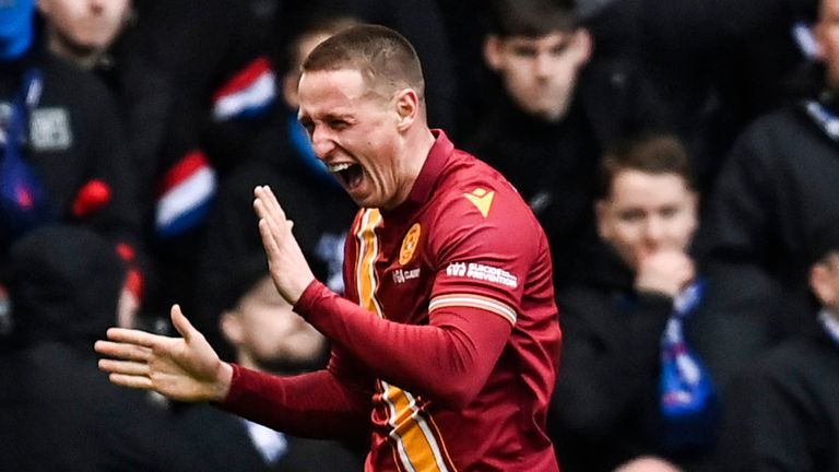 Dan Casey celebrates giving Motherwell a 2-1 lead against Rangers