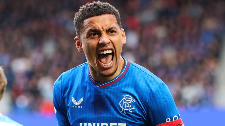 James Tavernier  celebrates after giving Rangers the lead against Hibs from the penalty spot