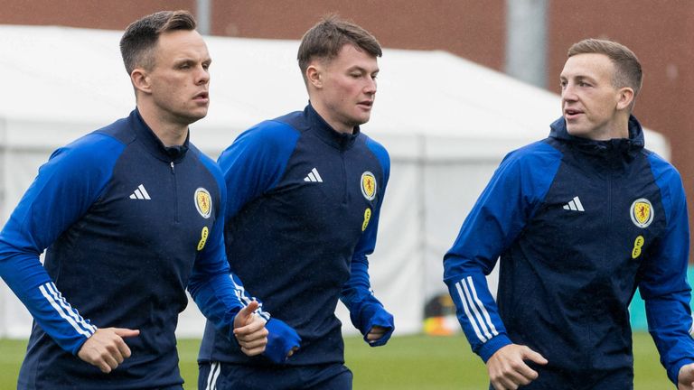 GLASGOW, SCOTLAND - NOVEMBER 18: Lawrence Shankland, Nathan Patterson and Lewis Ferguson (L-R) during a Scotland training session at the City Stadium, on November 18, 2023, in Glasgow, Scotland. (Photo by Alan Harvey / SNS Group)
