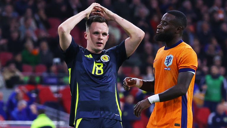 AMSTERDAM, NETHERLANDS - MARCH 22: Scotland...s Lawrence Shankland after hitting the crossbar during an international friendly match between the Netherlands and Scotland at the Johan Cruyff Arena, on March 22, 2024, in Amsterdam, Netherlands. (Photo by Craig Williamson / SNS Group)