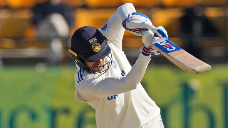 India's Shubman Gill bats on the second day of the fifth and final test match between England and India in Dharamshala, India, Friday, March 8, 2024. (AP Photo/Ashwini Bhatia)