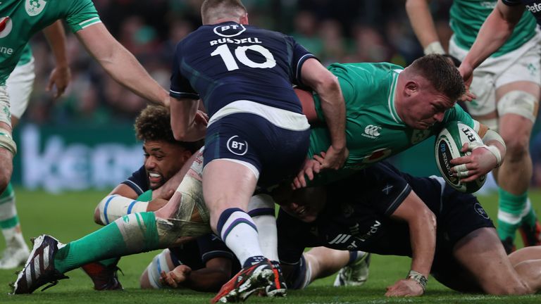 Tadhg Furlong crosses the try line but his effort is ruled out for a knock-on