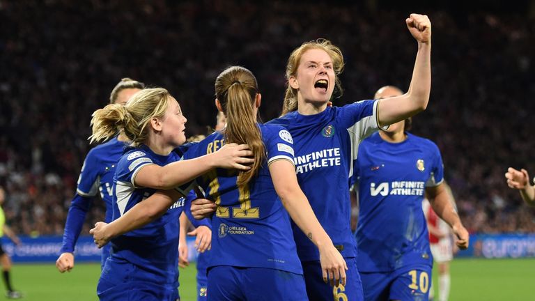 Sjoeke Nusken celebrates with team-mates after scoring Chelsea's second goal against Ajax