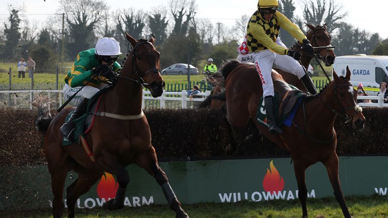 Spillane's Tower (left) jumps the last whilst Tactical Move (right) makes a mistake with Danny Mullins in the saddle