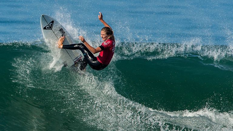 Stephanie Gilmore of Australia surfs during round one of the Women's Pro Trestles in 2014 in San Clemente, California.