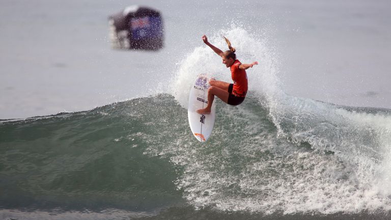Gilmore in action during the Rip Curl WSL Finals at Lower Trestles, San Clemente in 2022 when she won a record eighth world title