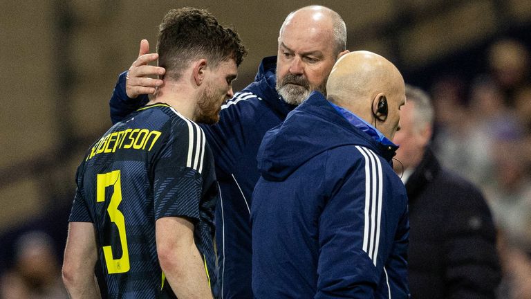 GLASGOW, SCOTLAND - MARCH 26: Scotland Head Coach Steve Clarke hugs Andy Robertson as he comes off injured during an International Friendly match between Scotland and Northern Ireland at Hampden Park, on March 26, 2024, in Glasgow, Scotland. (Photo by Craig Foy / SNS Group)