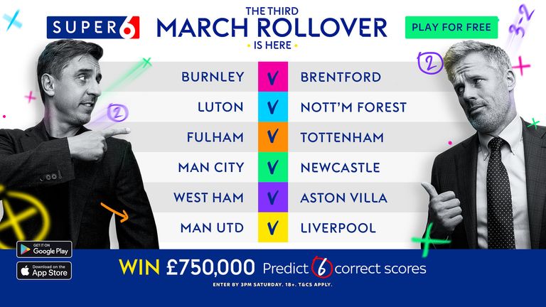 The Super 6 March Rollover hits a monstrous £750,000 this weekend! Play for free, entries by 3pm Saturday.