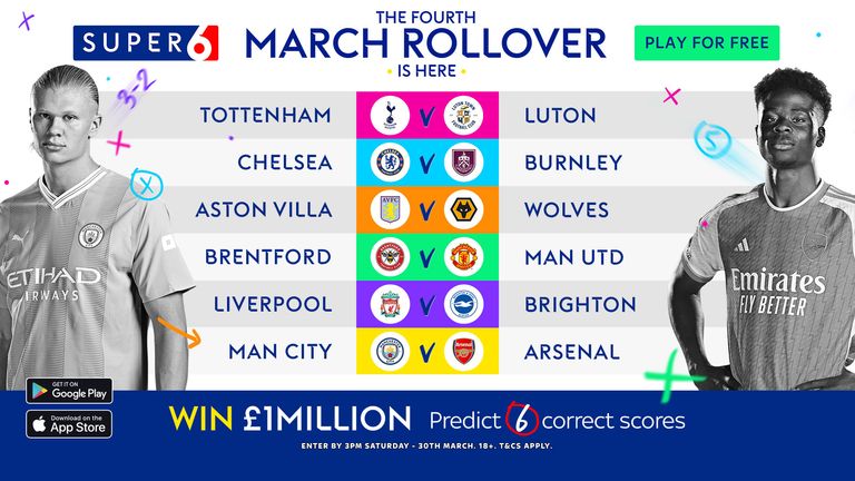 The Super 6 Rollover hits a whopping £1,000,000! Play for free, entries by 3pm Saturday March 30.