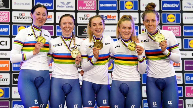 Left to right, Great Britain's Katie Archibald, Anna Morris, Elinor Barker and Josie Knight (right) with team-mate celebrate with their gold medals during the medal ceremony after winning the Women Elite Team Pursuit during day three of the 2023 UCI Cycling World Championships at the Sir Chris Hoy Velodrome, Glasgow. Picture date: Saturday August 5, 2023.