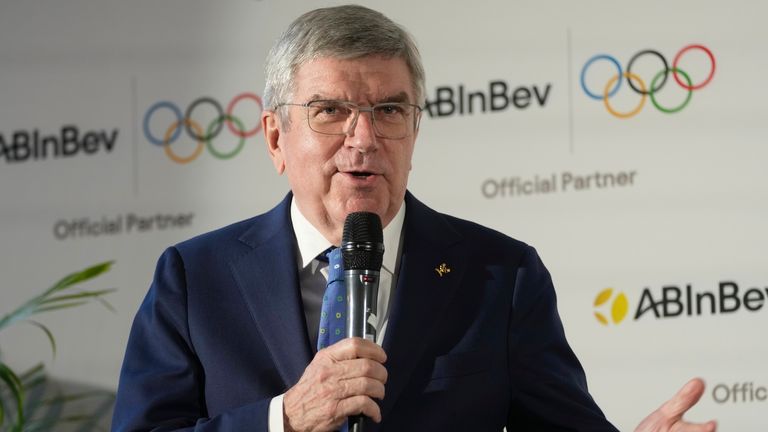 President of the IOC Thomas Bach attends a news conference in London, Friday, Jan. 12, 2024. The International Olympic Committee has signed Anheuser-Busch InBev as the first beer brand in the 40-year history of its sponsorship program, which earns billions of dollars for the organization and international sports. (AP Photo/Kin Cheung)