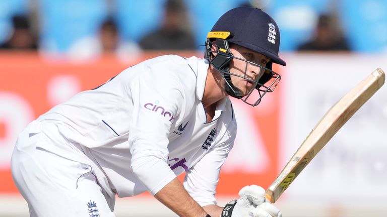 England's Tom Hartley bats against India (Associated Press)