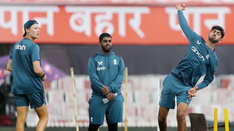 England's Tom Hartley, Rehan Ahmed center and Shoaib Bashir, right during a practice session ahead of their fourth cricket test against India in Ranchi, India, Thursday, Feb.22, 2024. (AP Photo/Surjeet Yadav)