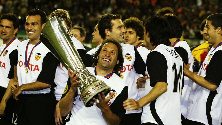 Francisco Rufete of Valencia celebrates with the trophy after the UEFA Cup Final match between Valencia and Olympique de Marseille at the Ullevi Stadium on May 19, 2004 in Gothenberg, Sweden.