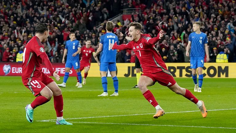David Brooks celebrates his early opener for Wales