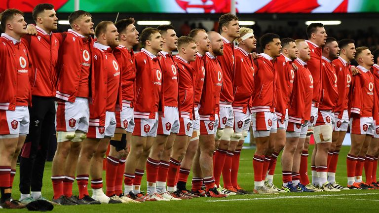 Wales players line up for the national anthem during the Six Nations before their match against France