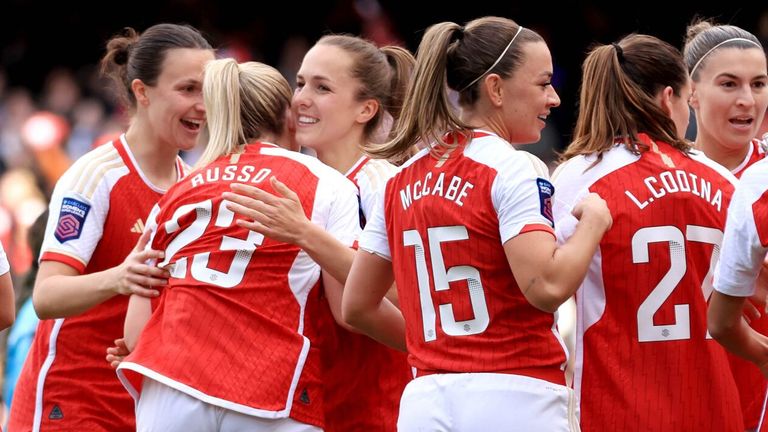 Arsenal players celebrate Alessia Russo's opening goal against Spurs