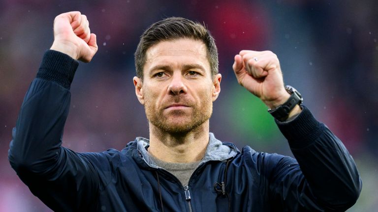 17 March 2024, Baden-W'rttemberg, Freiburg im Breisgau: Soccer: Bundesliga, SC Freiburg - Bayer Leverkusen, Matchday 26, Europa-Park Stadium. Leverkusen coach Xabi Alonso cheers after the game and thanks the fans for their support. Photo by: Tom Weller/picture-alliance/dpa/AP Images