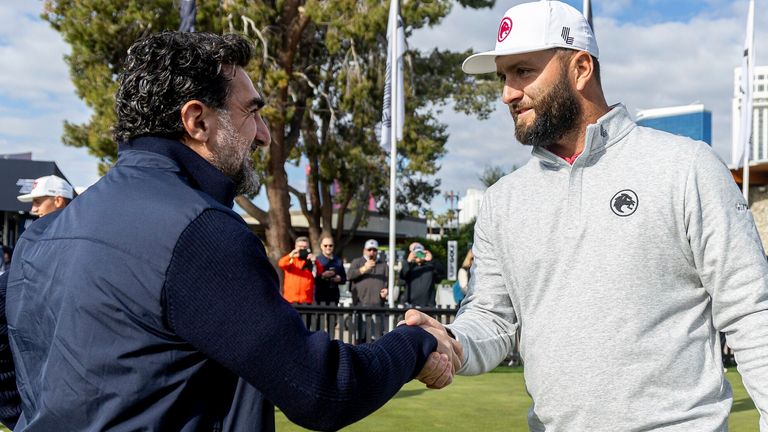 LIV Golf Chairman Yasir Al-Rumayyan shakes hands with Captain Jon Rahm of Legion XIII GC before the second round of the LIV Golf Las Vegas at the Las Vegas Country Club on Friday, February 09, 2024 in Las Vegas, United States. (Photo by Doug DeFelice/LIV Golf via AP)