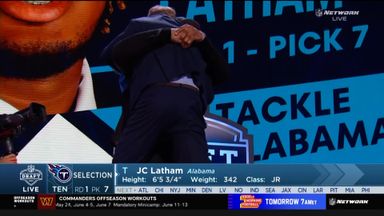 ‘Roger’s wincing up there!’ | Titans pick Latham bear hugs NFL commissioner!