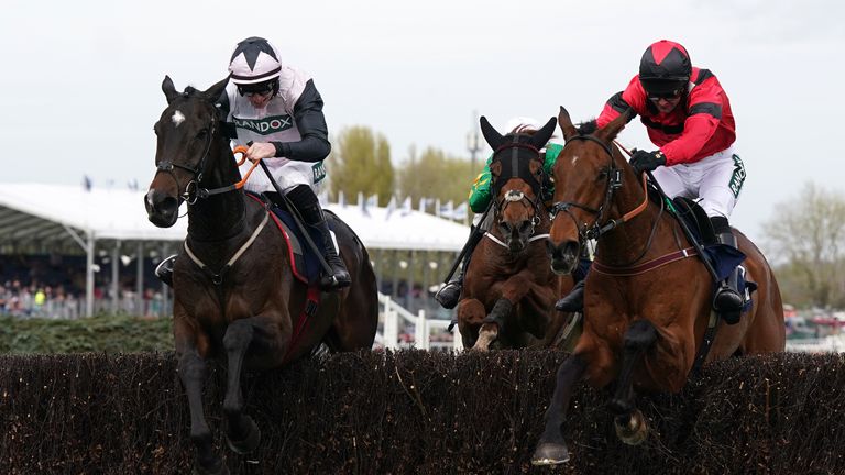 Gerri Colombe (left) and Ahoy Senor (right) jump the last at Aintree 