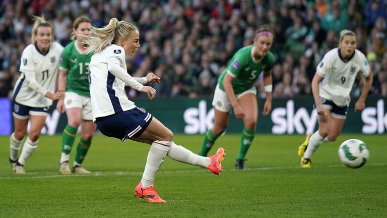Alex Greenwood scores her first penalty against the Republic of Ireland