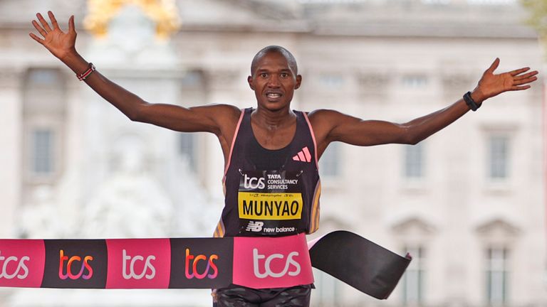 Alexander Mutiso Munyao of Kenya crosses the finish line to win the men's race at the London Marathon (AP)