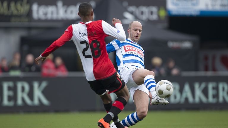 Jean-Paul Boetius of Feyenoord, Arne Slot of PEC Zwolle during the Dutch Eredivisie match between PEC Zwolle and Feyenoord at the IJsseldelta Stadium on february 17, 2013 in Zwolle