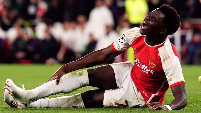 Arsenal's Bukayo Saka reacts after a challenge from Bayern Munich goalkeeper Manuel Neuer (not pictured) during the UEFA Champions League quarter-final, first leg match at the Emirates Stadium, London. Picture date: Tuesday April 9, 2024.