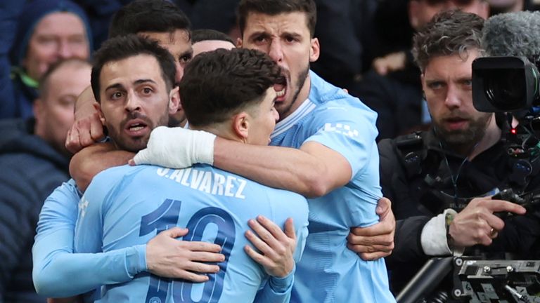 Manchester City's Bernardo Silva celebrates after scoring his side's opening goal