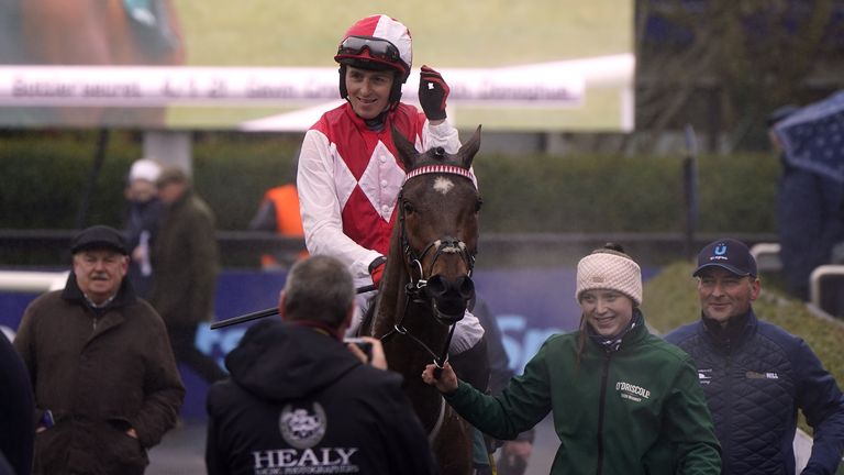 Bottler'secret and Keith Donaghue celebrate winning the Juvenile contest at Fairyhouse