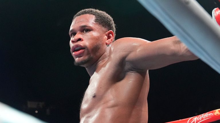 Devin Haney pauses after being knocked down during the seventh round of a super lightweight boxing match against Ryan Garcia ealry Sunday, April 21, 2024, in New York. Garcia won the fight. (AP Photo/Frank Franklin II)