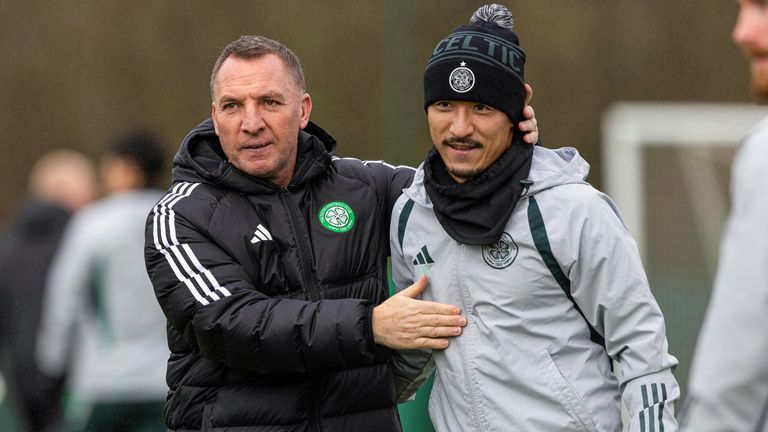 GLASGOW, SCOTLAND - FEBRUARY 16: Celtic Manager Brendan Rodgers and Daizen Maeda during a Celtic training session at Lennoxtown Training Centre, on February 16, 2024, in Glasgow, Scotland. (Photo by Craig Williamson / SNS Group)