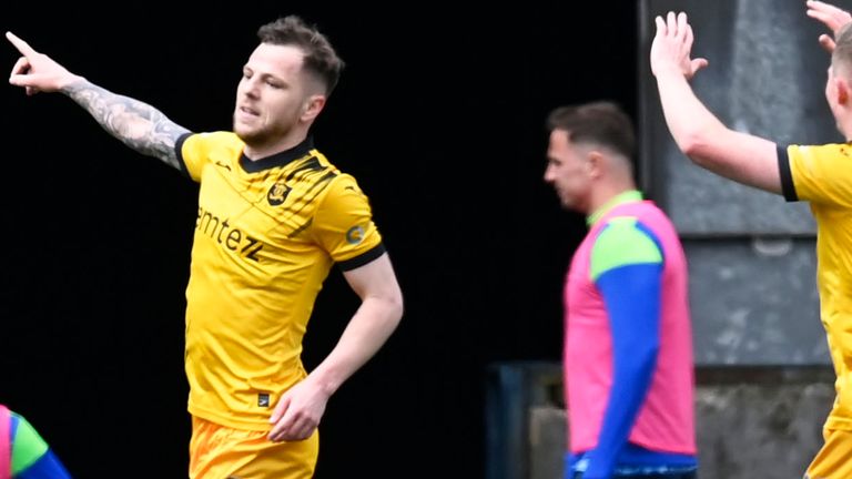 LIVINGSTON, SCOTLAND - APRIL 27:Livingston's Bruce Anderson celebrates scoring to make it 1-0, during a cinch Premiership match between Livingston and Ross County at Tony Macaroni Arena, on April 27, 2024, in Livingston, Scotland.  (Photo by Rob Casey / SNS Group)