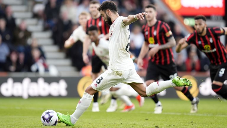 Bruno Fernandes draws Man Utd level at Bournemouth from the penalty spot