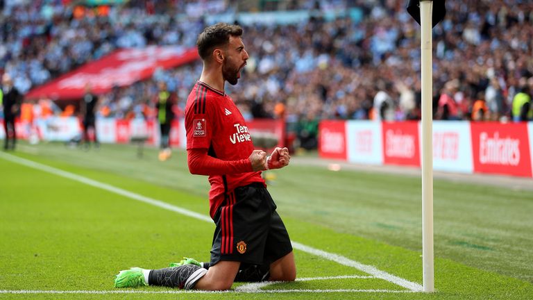 Manchester United's Bruno Fernandes celebrates scoring their side's third goal of the game 