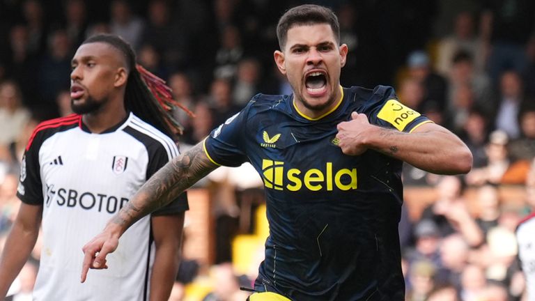Bruno Guimaraes celebrates after scoring the winner for Newcastle on his 100th appearance for the club