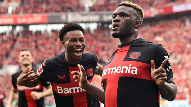 Victor Boniface celebrates after scoring a penalty to give Leverkusen a first-half lead against Werder Bremen