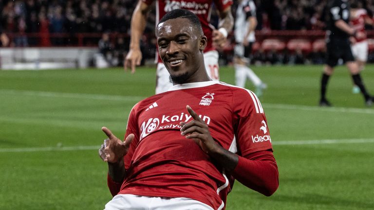 Callum Hudson-Odoi celebrates after Nottingham Forest take an early lead