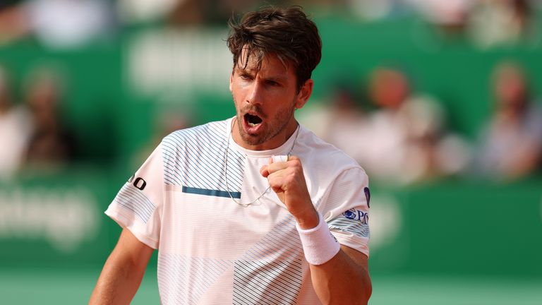 Cameron Norrie of Great Britain celebrates against Karen Khachanov in the first round during day two of the Rolex Monte-Carlo Masters at Monte-Carlo Country Club on April 08, 2024 in Monte-Carlo, Monaco. (Photo by Julian Finney/Getty Images)