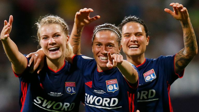 Sonia Bompastor's assistant, Camille Abily (centre), played for Lyon as recently as 2018