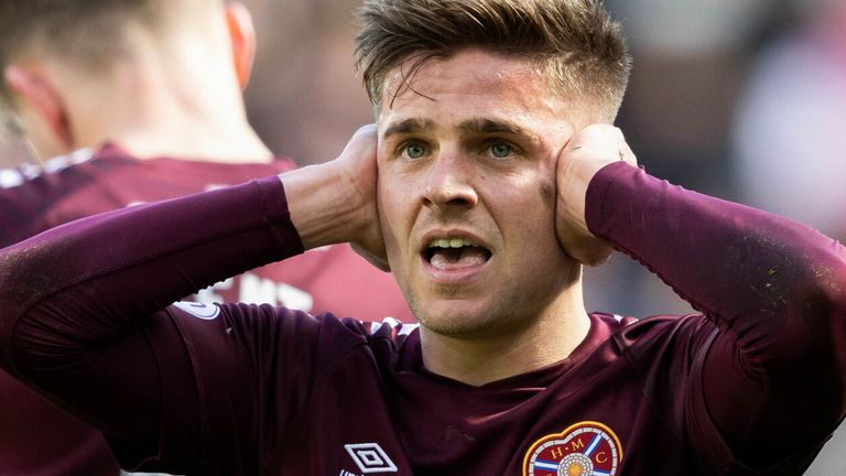 EDINBURGH, SCOTLAND - APRIL 13: Hearts' Cammy Devlin celebrates scoring to make it 3-2 during a cinch Premiership match between Heart of Midlothian and Livingston at Tynecastle Park, on April 13, 2024, in Edinburgh, Scotland. (Photo by Mark Scates / SNS Group)