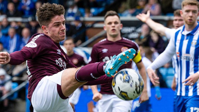 KILMARNOCK, SCOTLAND - APRIL 27: Hearts' Cammy Devlin in action during a cinch Premiership match between Kilmarnock and Heart of Midlothain at Rugby Park, on April 27, 2024, in Kilmarnock, Scotland.  (Photo by Craig Foy / SNS Group)