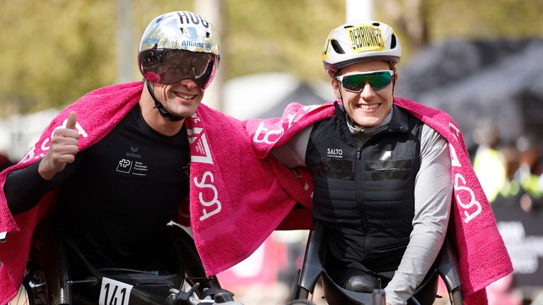 Switzerland's Catherine Debrunner (R) and Marcel Hug (L) dominated the wheelchair race at the London Marathon 