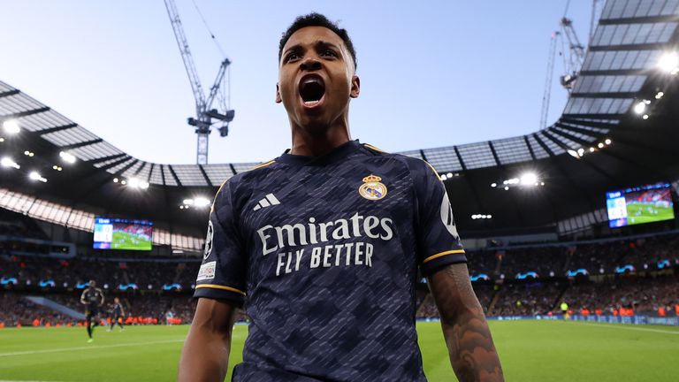 Rodrygo celebrates after giving Real Madrid an early lead at the Etihad