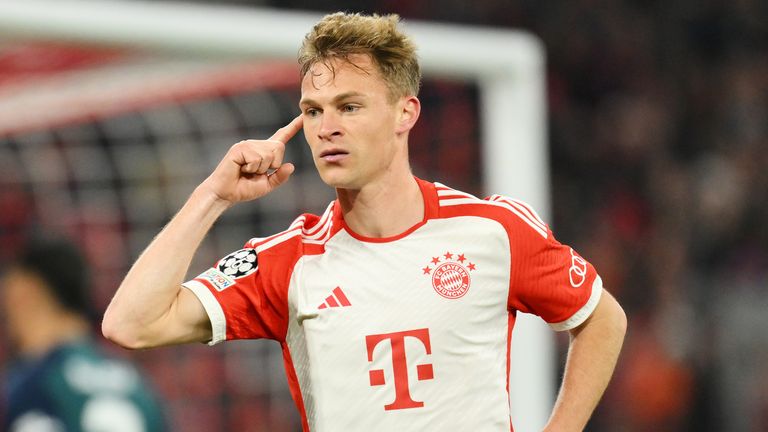 Joshua Kimmich celebrates after heading Bayern Munich in front against Arsenal