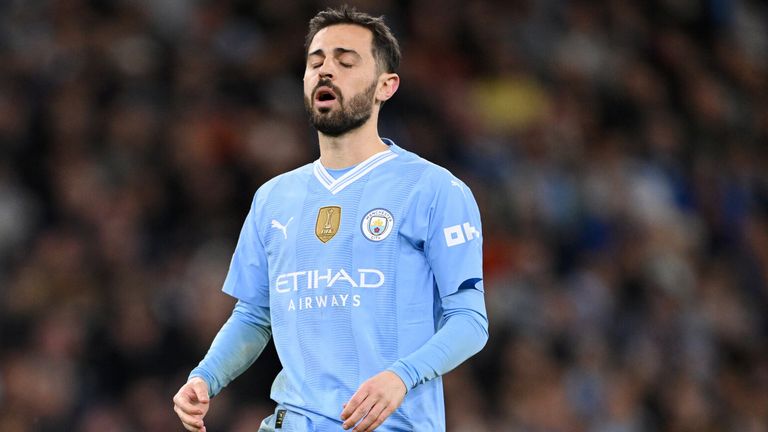 Bernardo Silva reacts after missing his penalty in Man City's shootout with Real Madrid