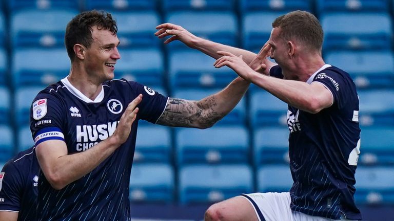Jake Cooper celebrates after giving Millwall a 2-1 lead against Cardiff